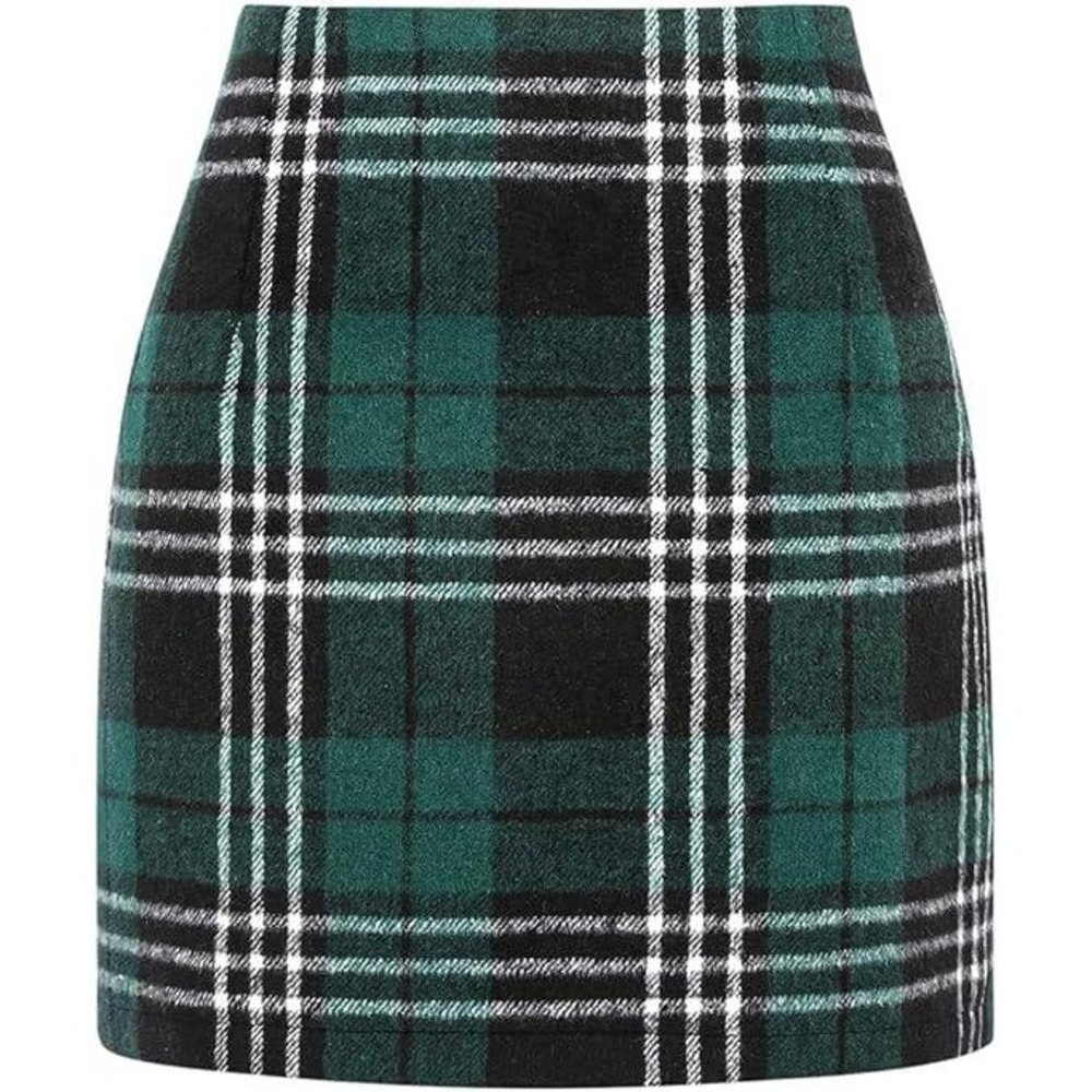 Women's Green Plaid XS Mini Skirts High Waisted Fall Winter Wool Bodycon Pencil